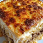 Creamy pastitsio with bechamel sauce and parmesan served in a baking dish