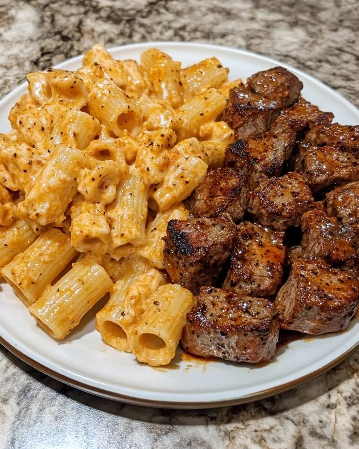 Creamy seared Cajun steak bites served with rigatoni pasta for dinner