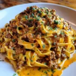 Bowl of creamy spicy cajun beef fettuccine pasta topped with herbs.