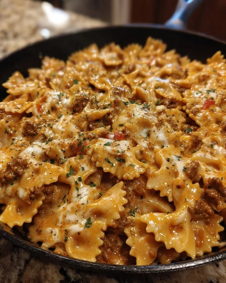 Easy beefy cheesy bowtie skillet with ground beef on a plate