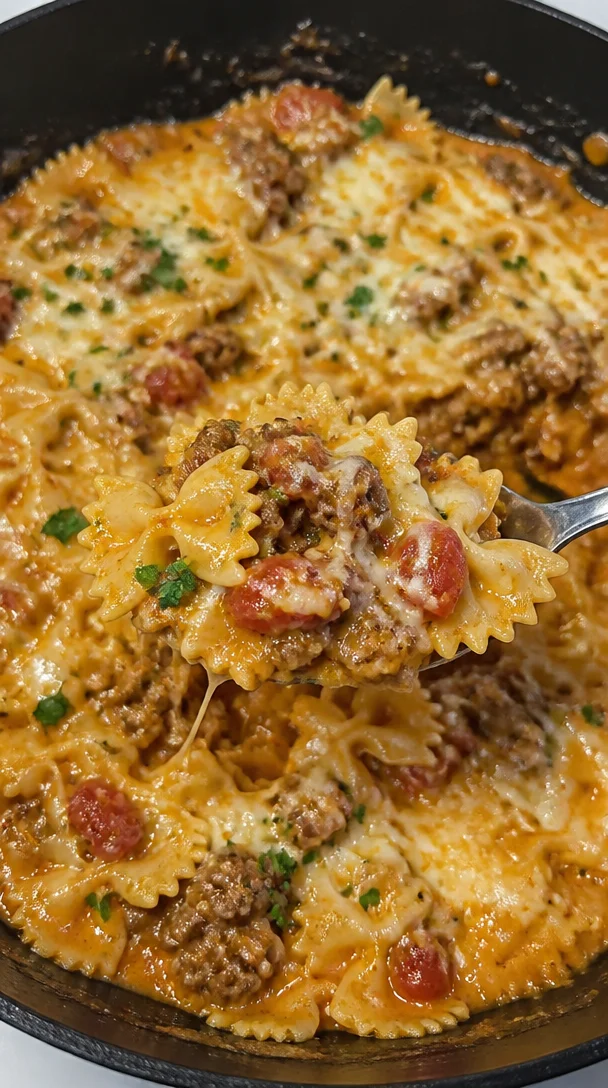 Easy Beefy Cheesy Bowtie Skillet With Ground Beef For Busy Weeknights