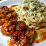 Plate of easy Cajun garlic shrimp spaghetti garnished with parsley.