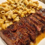 Plate of Cajun Steak Rigatoni with Garlic Parmesan Sauce garnished with herbs