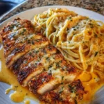 Easy chicken spaghetti with garlic butter and cheddar sauce for family dinner