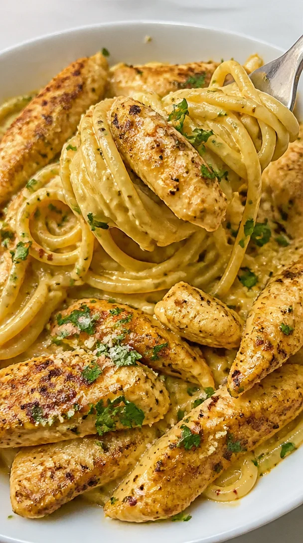 Easy Chicken Spaghetti Garlic Butter Cheddar Sauce for Family Dinner