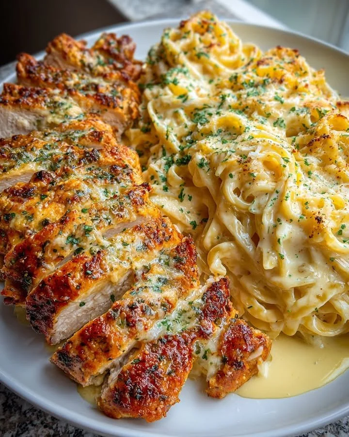 Delicious Creamy Garlic Parmesan Chicken Linguine dish served in a bowl