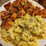 Delicious garlic butter chicken tortellini with velveeta sauce in a bowl