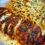 Delicious Garlic Parmesan Chicken Spaghetti with cheddar and mozzarella cheese