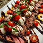 Easy grilled flank steak served with balsamic caprese salad