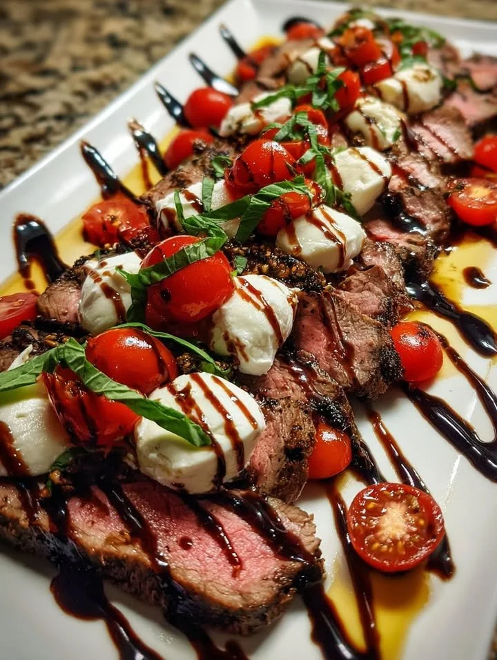 Easy grilled flank steak served with balsamic caprese salad