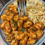 Lemon Garlic Butter Chicken Bites with Linguine served on a plate