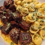 Easy Parmesan shells with garlic butter steak bites for family dinner