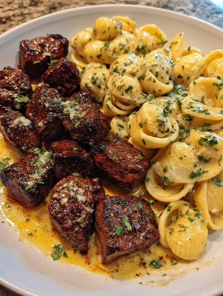Easy Parmesan shells with garlic butter steak bites for family dinner