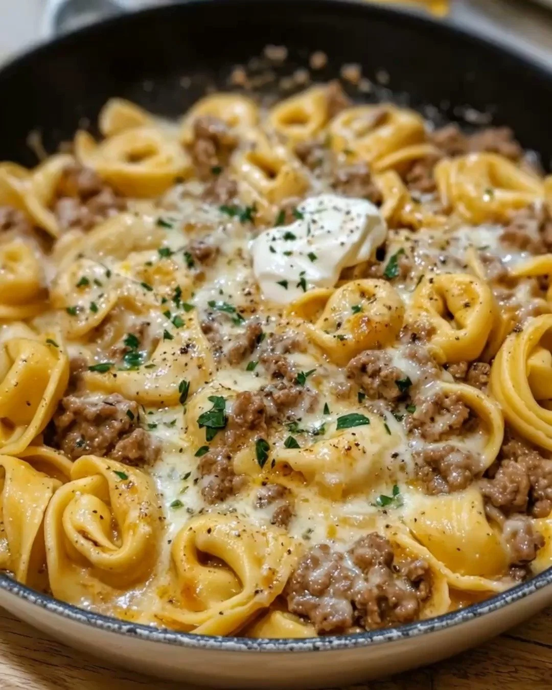 Easy beef stroganoff tortellini skillet meal on a plate