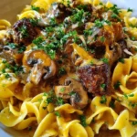 Easy Amish Beef and Noodle Casserole cooked in a slow cooker for two servings.
