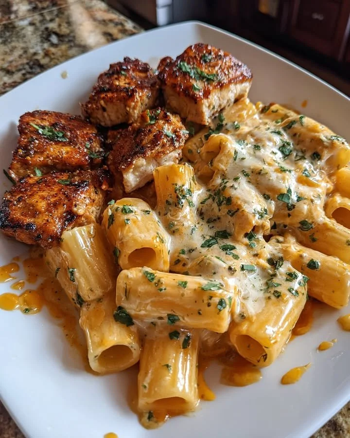 One Pot Cajun Chicken Rigatoni with melted mozzarella sauce in a creamy dish.
