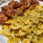 Quick Cajun chicken recipe with garlic and parmesan served with bowtie pasta