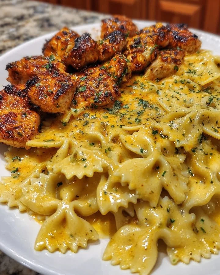 Quick Cajun chicken recipe with garlic and parmesan served with bowtie pasta