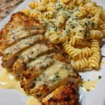 Baked Caesar Chicken Rotini served in a bowl, garnished with parmesan and parsley
