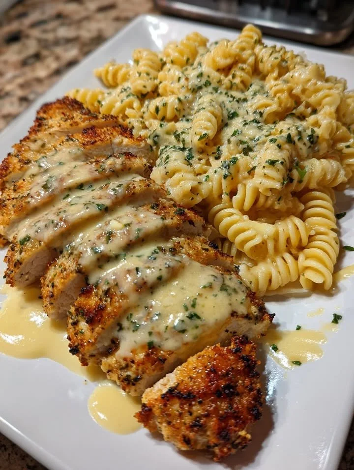 Baked Caesar Chicken Rotini served in a bowl, garnished with parmesan and parsley