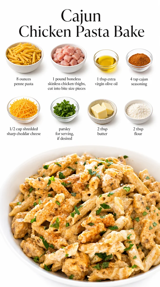 Cajun Chicken Pasta Bake served in a dish with garnish