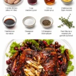 Cranberry-Maple Glazed Roast Chicken plated with herbs and side dishes