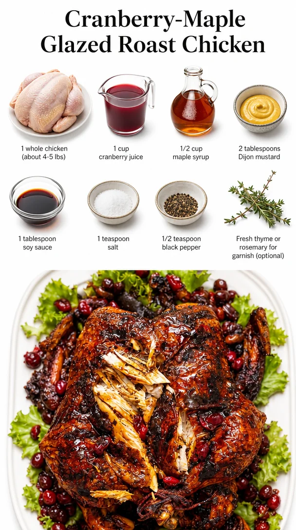 Cranberry-Maple Glazed Roast Chicken plated with herbs and side dishes