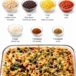 Easy chicken burrito casserole with rice served in a baking dish
