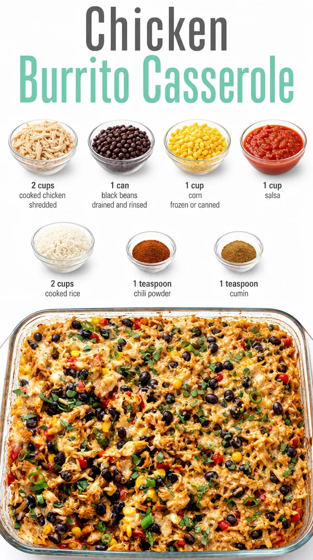 Easy chicken burrito casserole with rice served in a baking dish