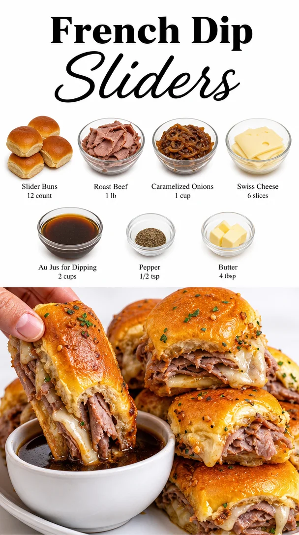 Easy French Dip Sliders with roast beef served on a platter