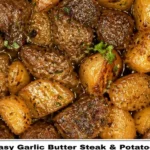 Juicy garlic butter steak with crispy potatoes on a plate