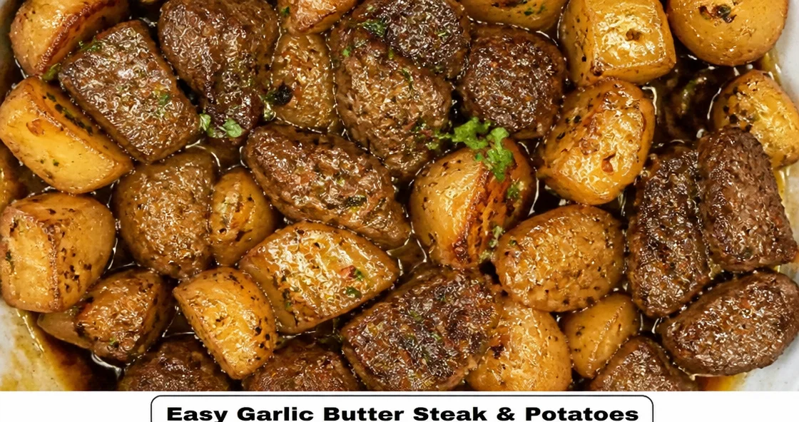 Juicy garlic butter steak with crispy potatoes on a plate