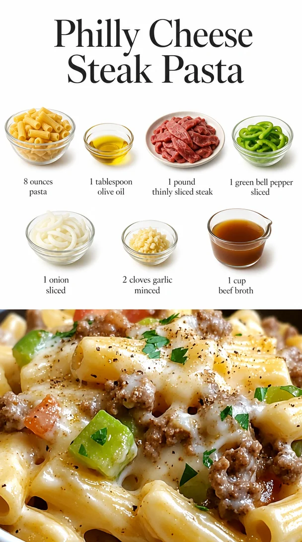 Delicious Philly Cheese Steak Pasta garnished with peppers and cheese