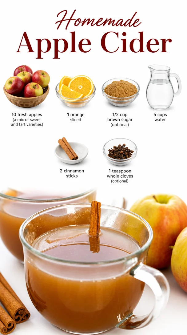 Glass of homemade apple cider surrounded by fresh apples and cinnamon sticks