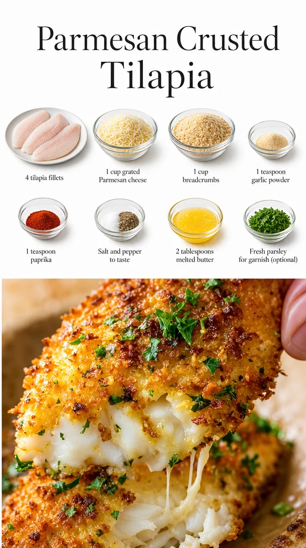 Baked Parmesan Crusted Tilapia served on a plate with herbs and lemon