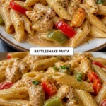 Plate of Rattlesnake Pasta with spicy sauce and garnishes