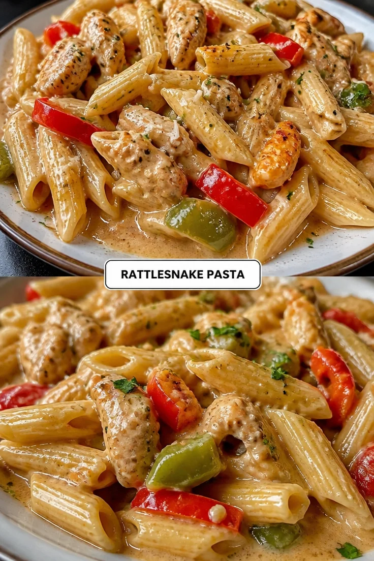 Plate of Rattlesnake Pasta with spicy sauce and garnishes