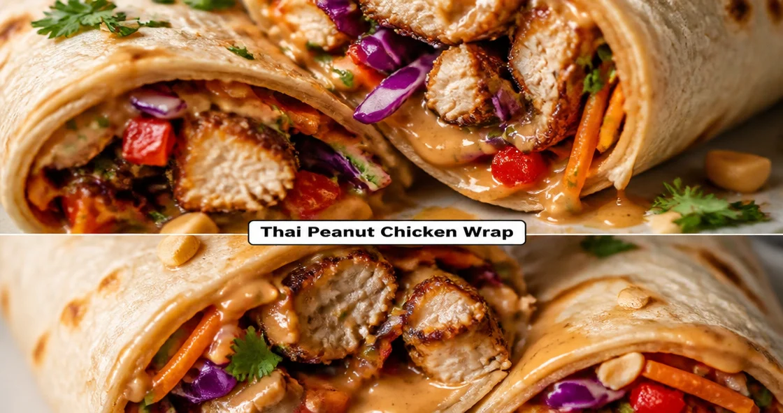 A delicious Thai Peanut Chicken Wrap served with fresh ingredients and peanut sauce.
