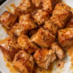 Delicious Bang Bang Salmon Bites served on a plate with dipping sauce.