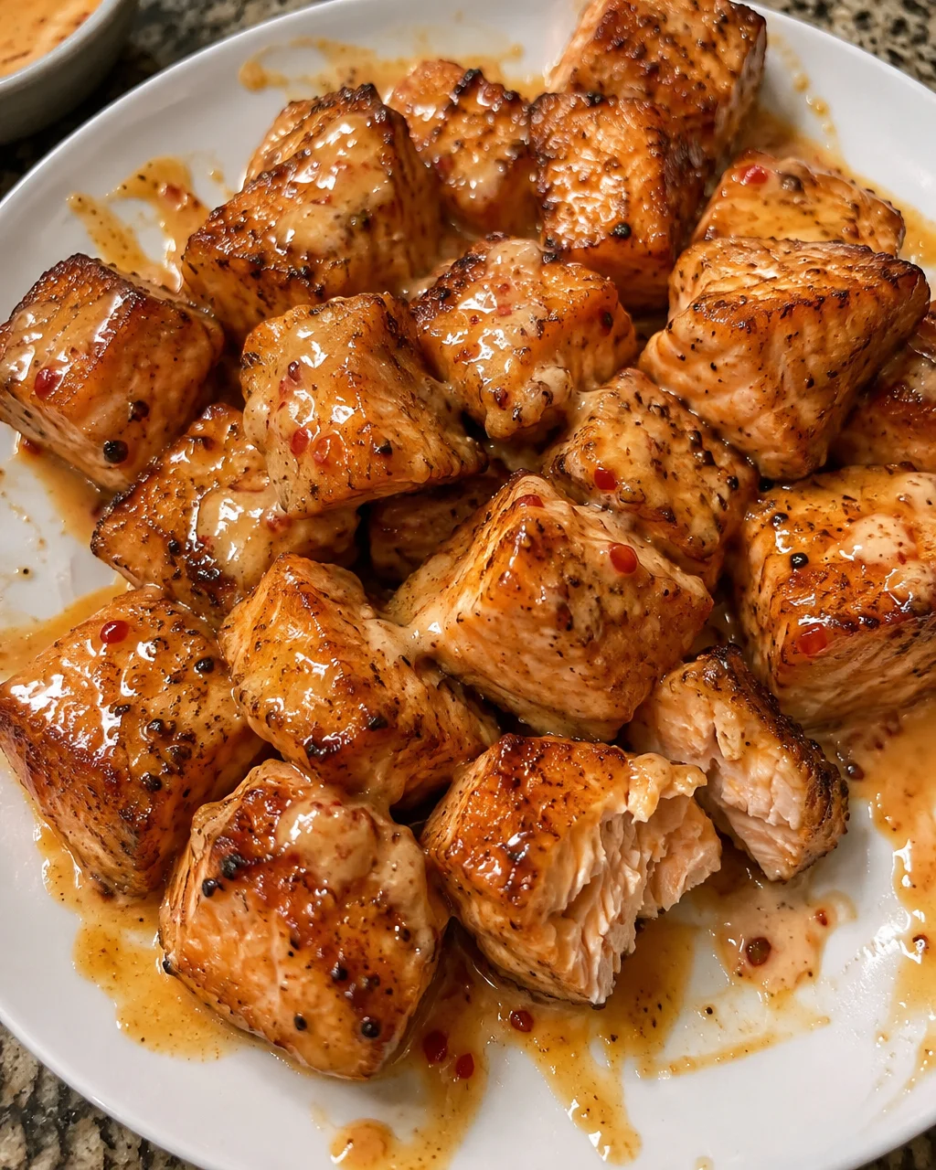 Delicious Bang Bang Salmon Bites served on a plate with dipping sauce.
