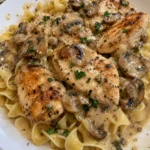 Creamy buttered noodles topped with grilled chicken on a white plate