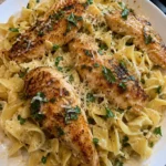 Plate of buttered noodles topped with garlic butter chicken, a delicious meal.