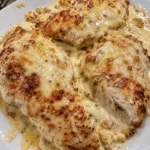 Delicious Caesar Chicken Bake topped with creamy parmesan sauce and herbs