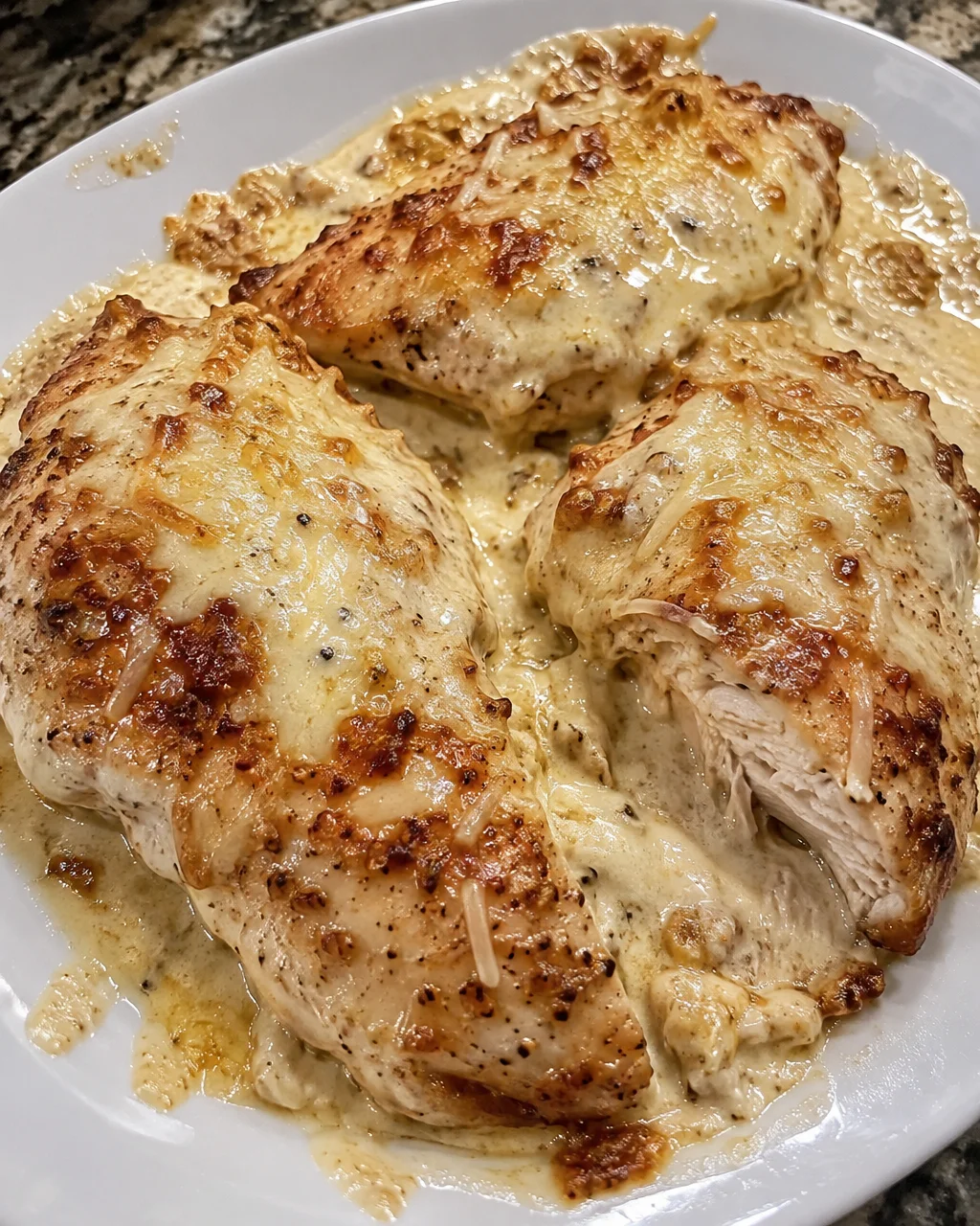 Delicious Caesar Chicken Bake topped with creamy parmesan sauce and herbs