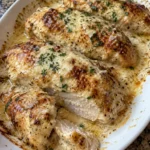 Baked Caesar Chicken with creamy Parmesan sauce, ready to serve.