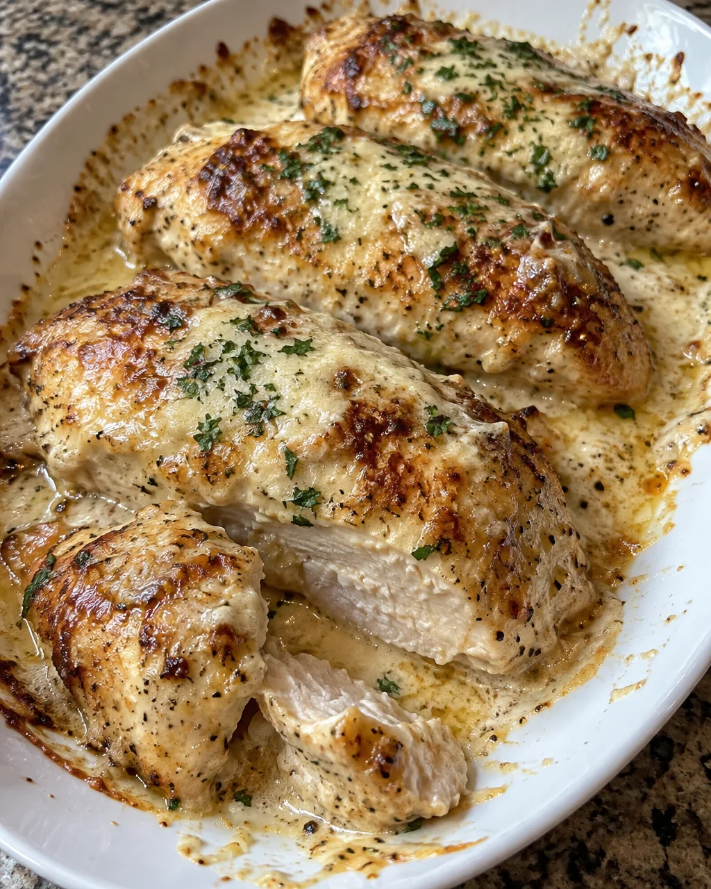 Baked Caesar Chicken with creamy Parmesan sauce, ready to serve.