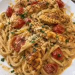 Cajun chicken with creamy parmesan pasta sauce in a white bowl