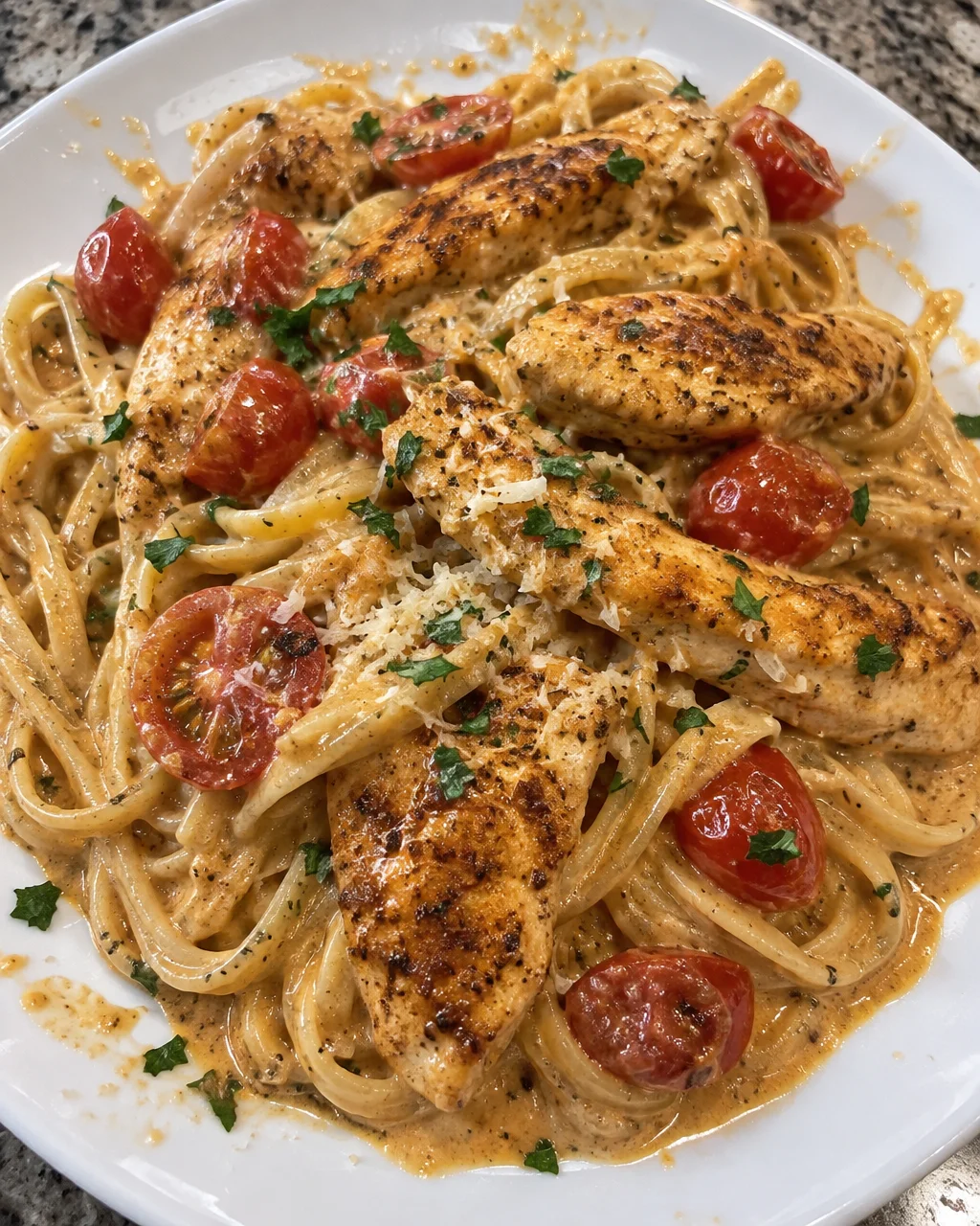 Cajun chicken with creamy parmesan pasta sauce in a white bowl