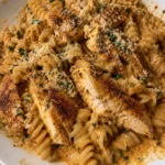 Cajun creamy chicken pasta garnished with herbs and spices