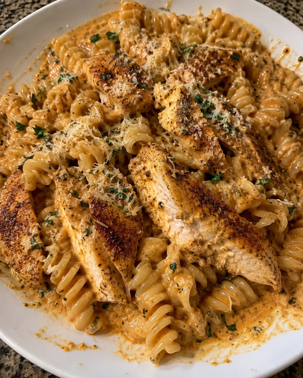 Cajun creamy chicken pasta garnished with herbs and spices